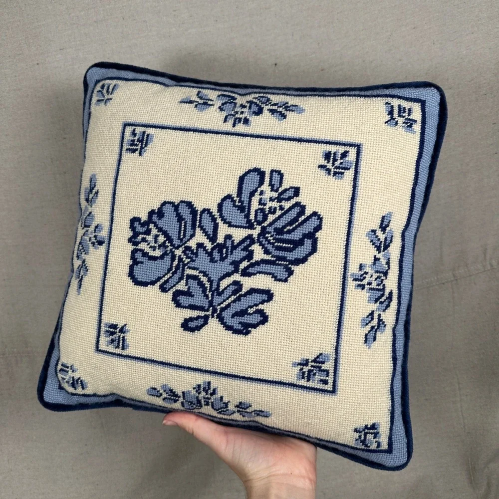 Vintage Blue Floral Needlepoint Throw Pillow‎ Velvet Back 13x13 Square Cushion